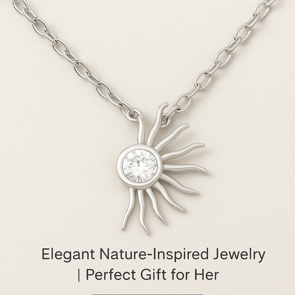 Sterling Silver Sunburst Necklace with Crystal Pendant – Elegant Nature Themed - Picture 10 of 10